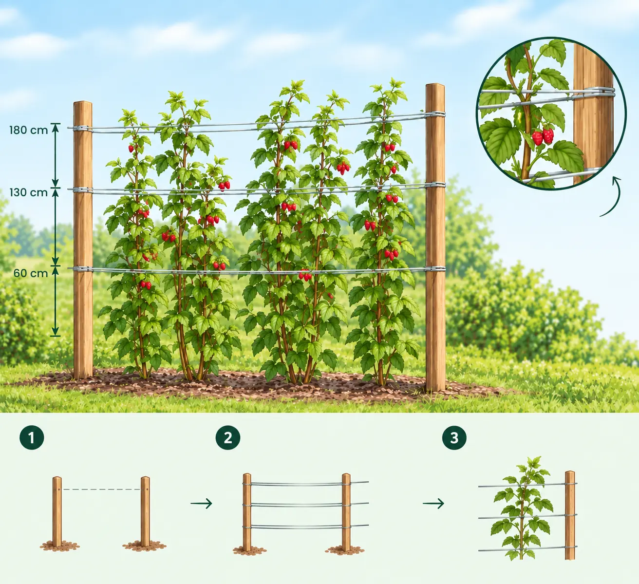 Trellising raspberry bushes.