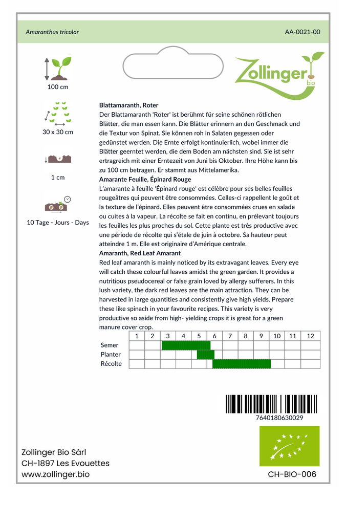 Sachet recto Amarante Feuille, Épinard Rouge