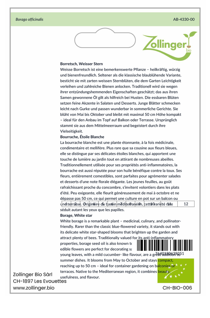 Sachet recto Bourrache, Étoile Blanche