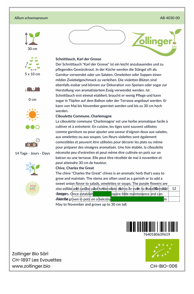 Sachet recto Ciboulette Commune, Charlemagne