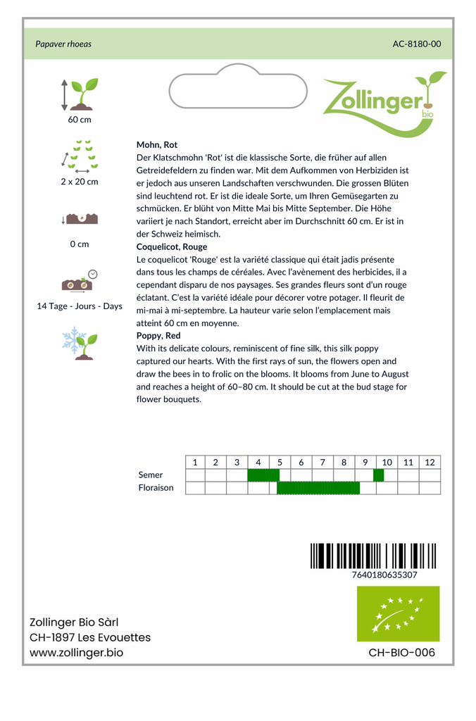 Sachet recto Coquelicot, Rouge