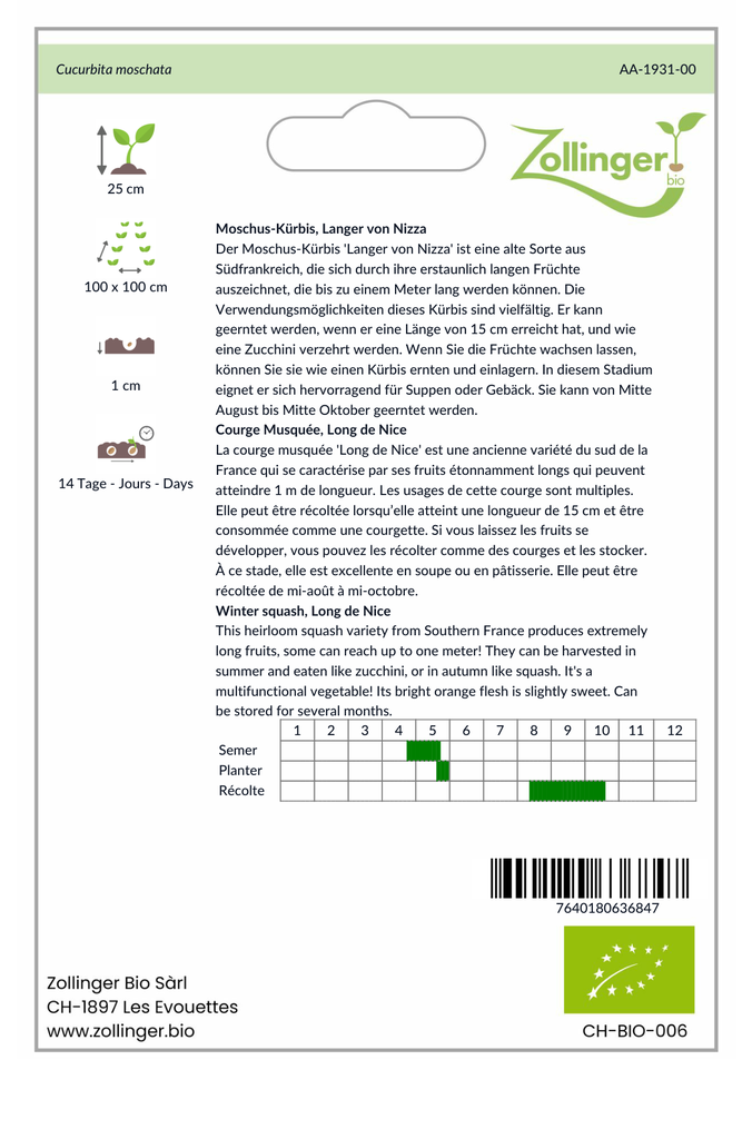 Sachet recto Courge Musquée, Long de Nice