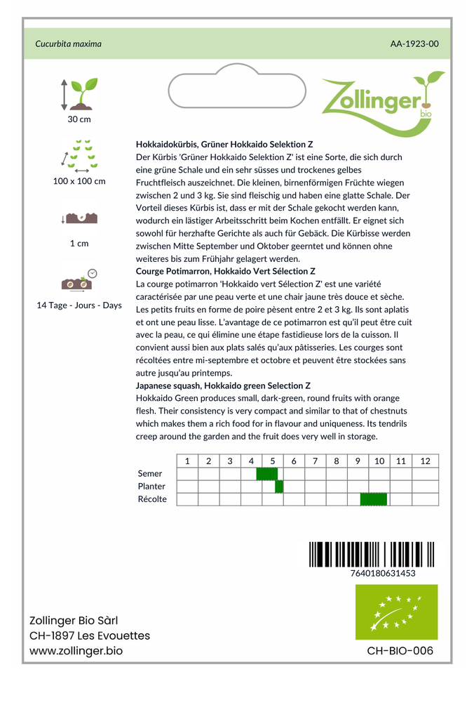 Sachet recto Courge Potimarron, Hokkaido Vert Sélection Z