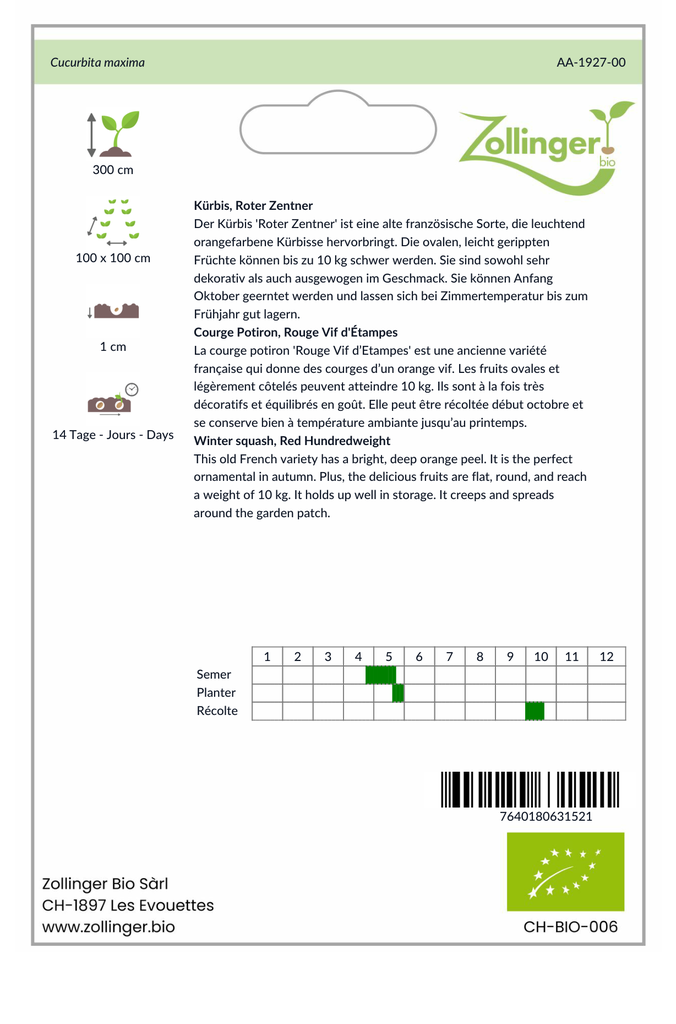 Sachet recto Courge Potiron, Rouge Vif d'Étampes