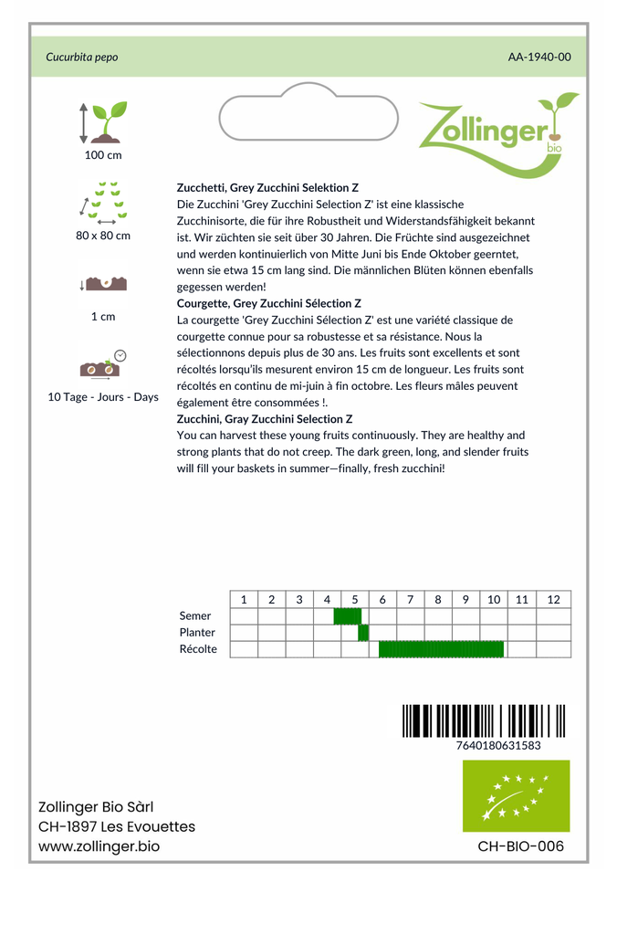 Sachet recto Courgette, Grey Zucchini Sélection Z