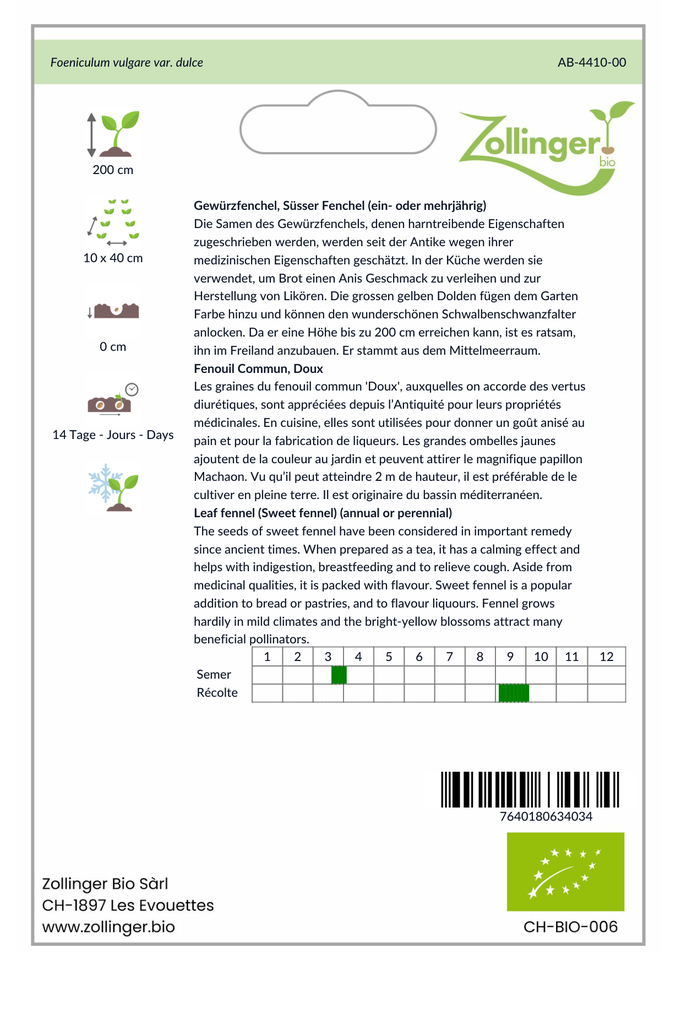 Sachet recto Fenouil Commun, Doux