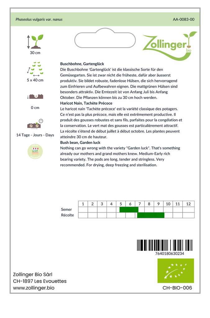 Sachet recto Haricot Nain, Tachète Précoce