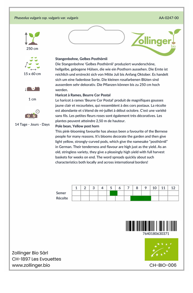 Sachet recto Haricot à Rames, Beurre Cor Postal