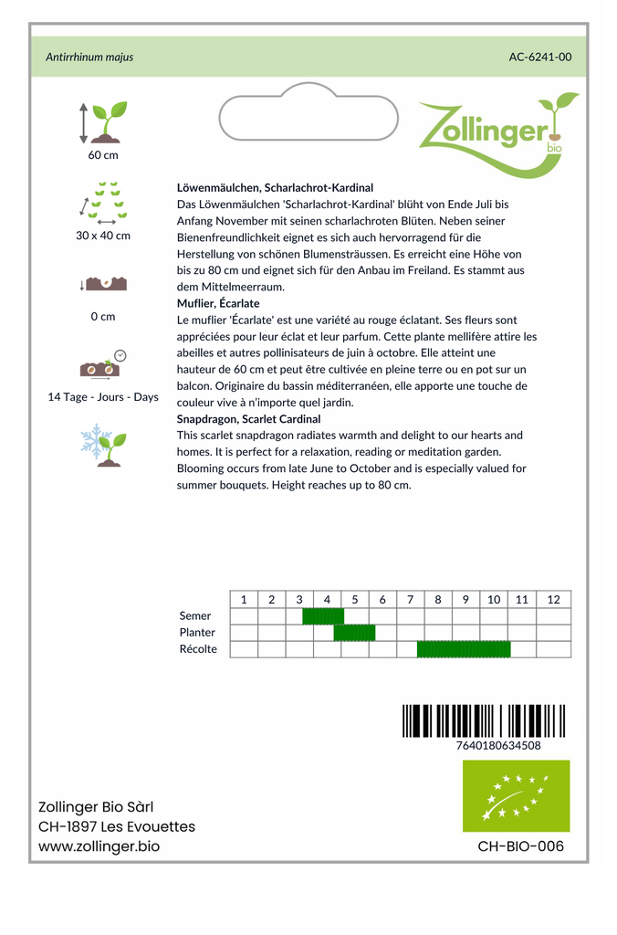 Sachet recto Muflier, Écarlate