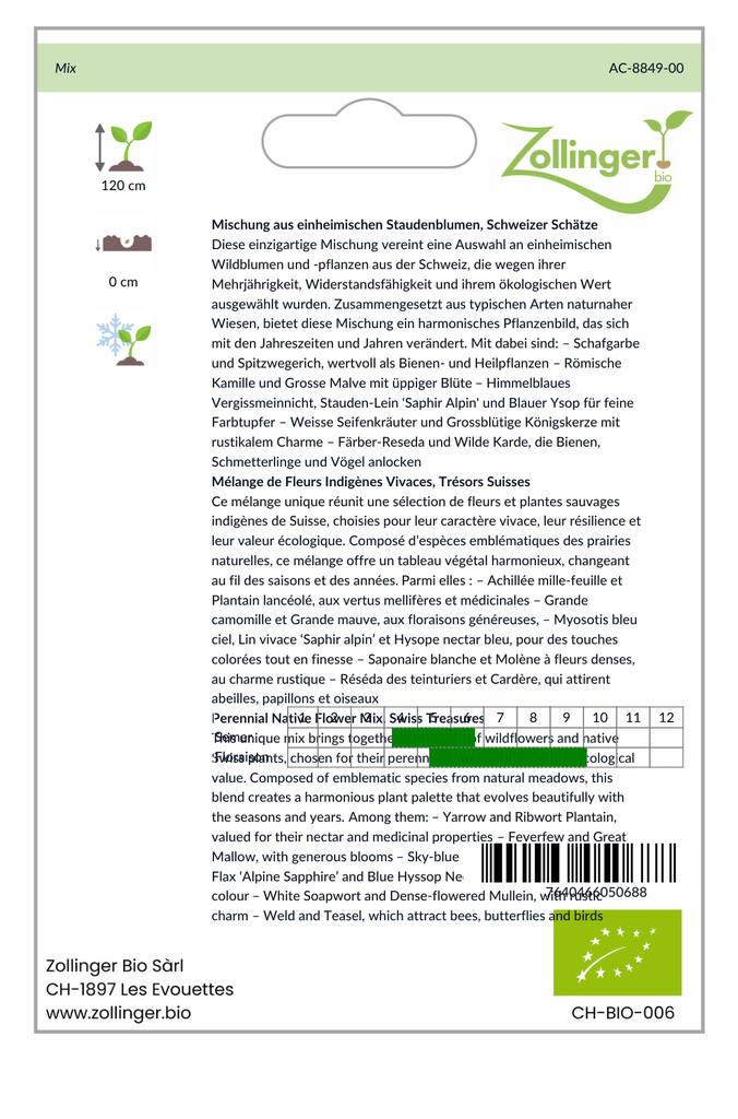 Sachet recto Mélange de Fleurs Indigènes Vivaces, Trésors Suisses