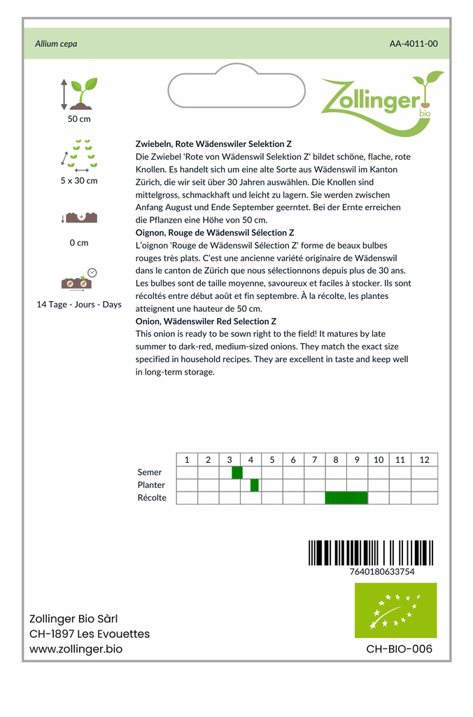 Sachet recto Oignon, Rouge de Wädenswil Sélection Z