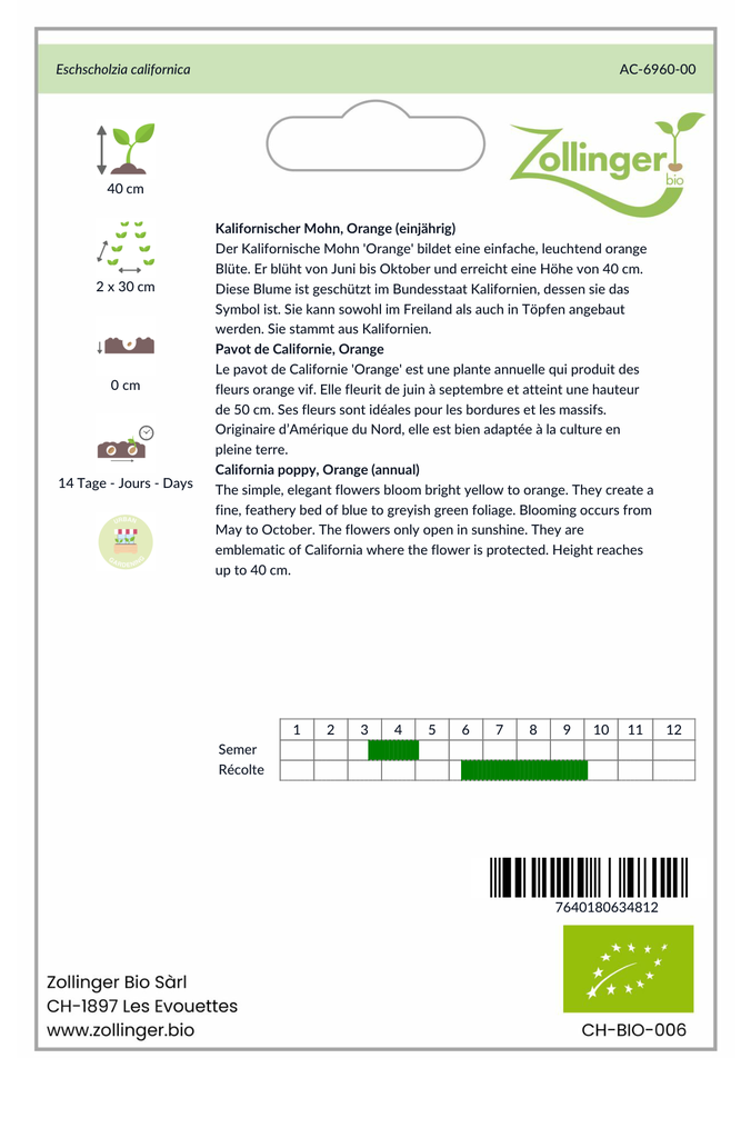 Sachet recto Pavot de Californie, Orange