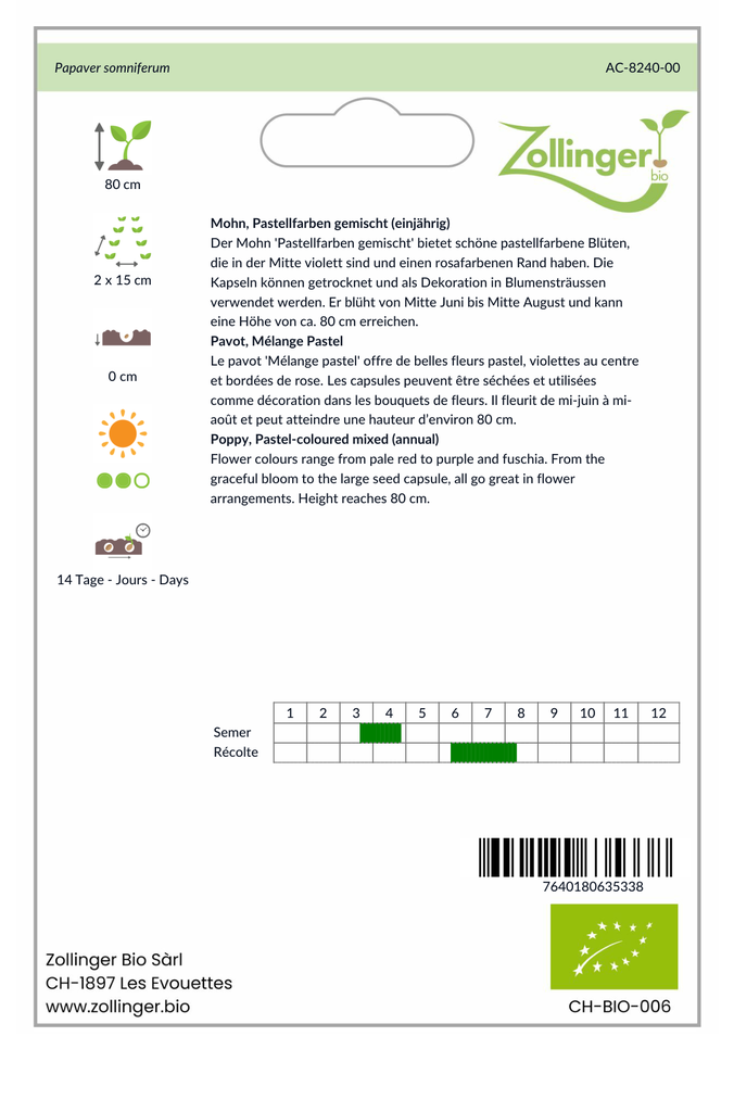 Sachet recto Pavot, Mélange Pastel