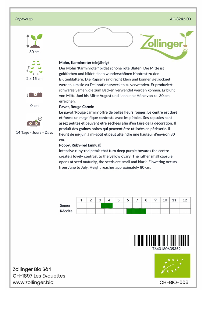 Sachet recto Pavot, Rouge Carmin