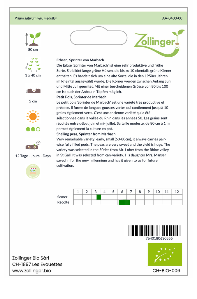 Sachet recto Petit Pois, Sprinter de Marbach