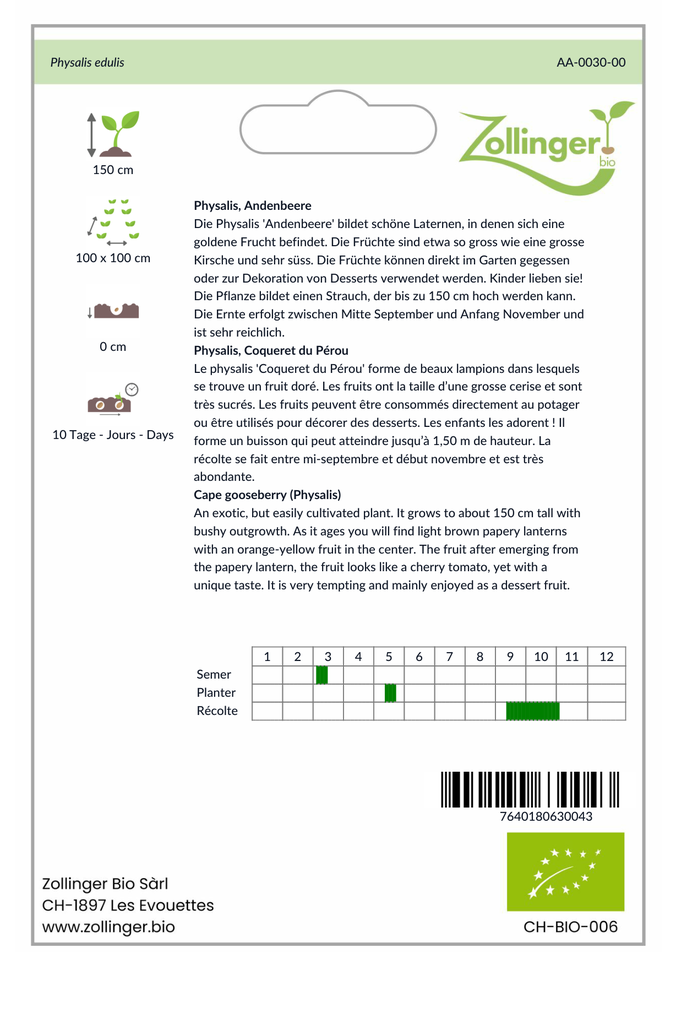 Sachet recto Physalis, Coqueret du Pérou