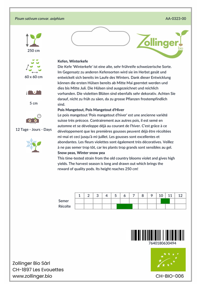 Sachet recto Pois Mangetout, Pois Mangetout d'Hiver