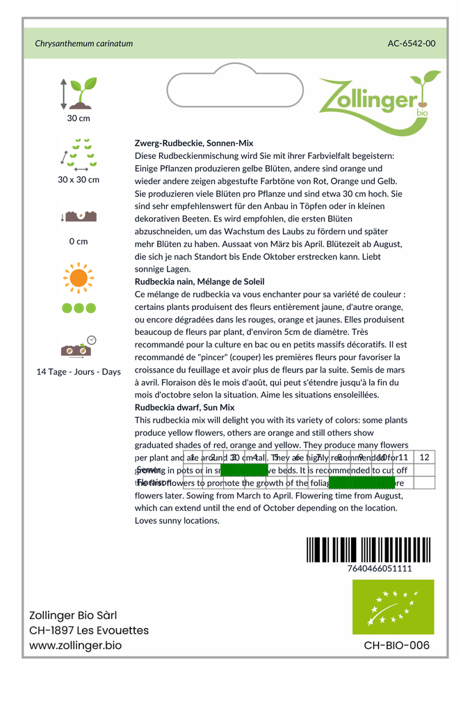 Sachet recto Rudbeckia nain, Mélange de Soleil