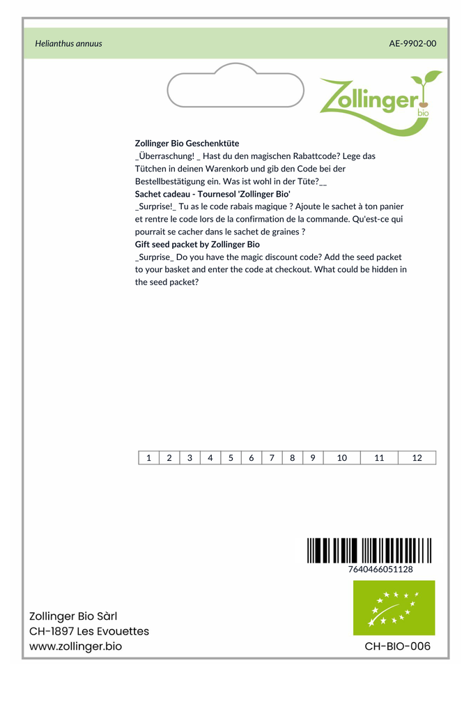 Sachet recto Sachet cadeau - Tournesol 'Zollinger Bio'