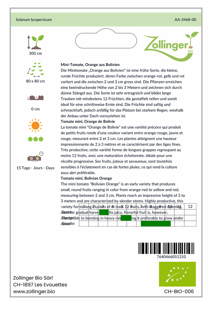 Sachet recto Tomate mini, Orange de Bolivie