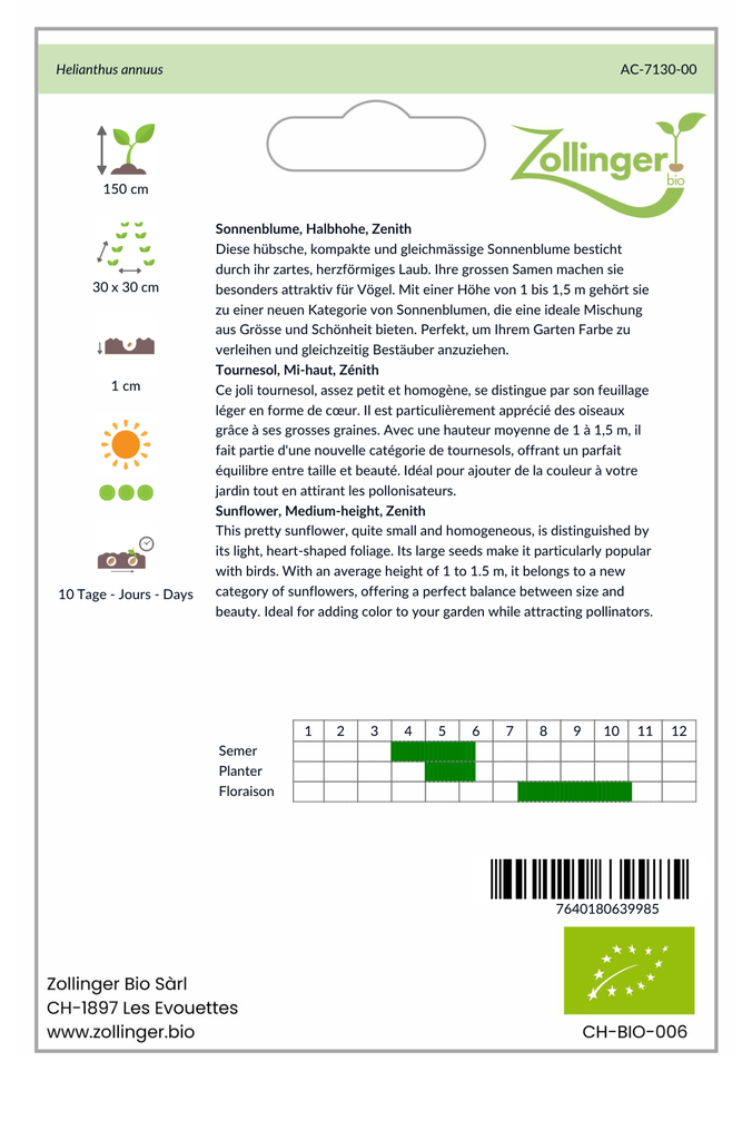 Sachet recto Tournesol, Mi-haut, Zénith