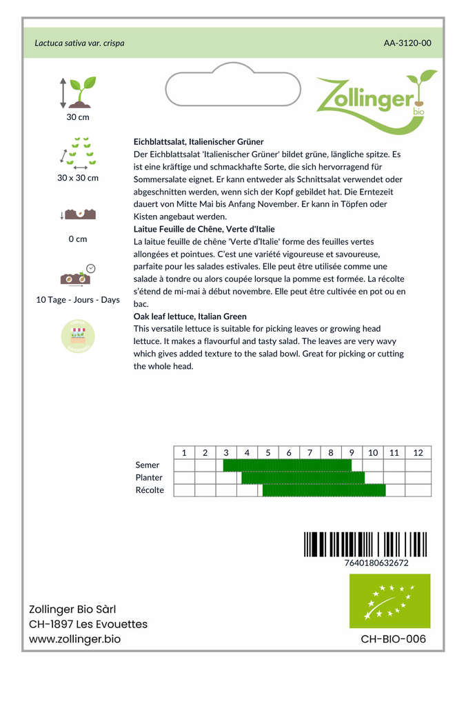 Sachet recto Laitue Feuille de Chêne, Verte d'Italie